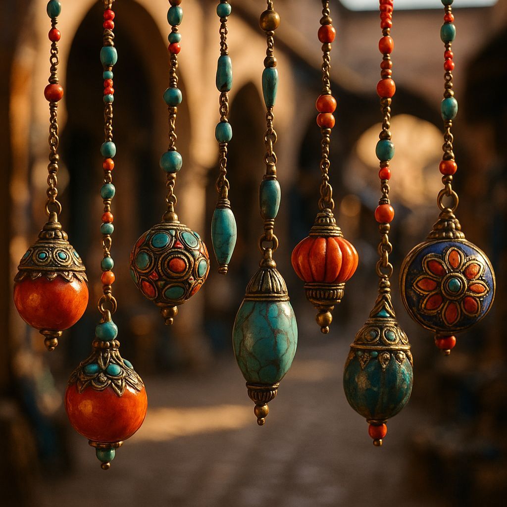 Eclectic Beaded Pendants in Moroccan Marketplace
