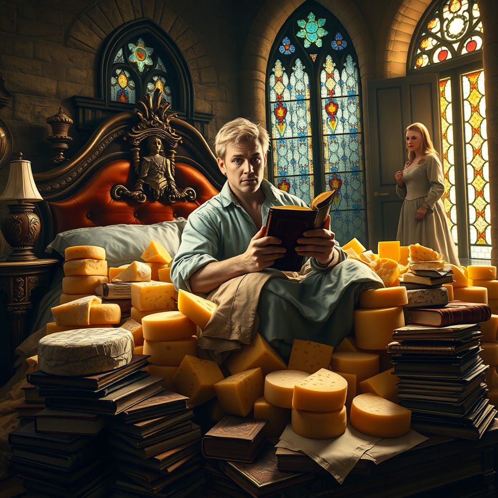 Man in Medieval Castle Bedroom Surrounded by Cheeses