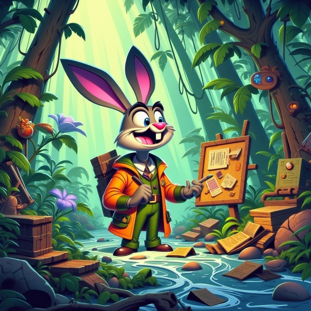 An anthropomorphic bunny character lost on the Amazon trying to navigate the jungle and keep away from the wild animals....