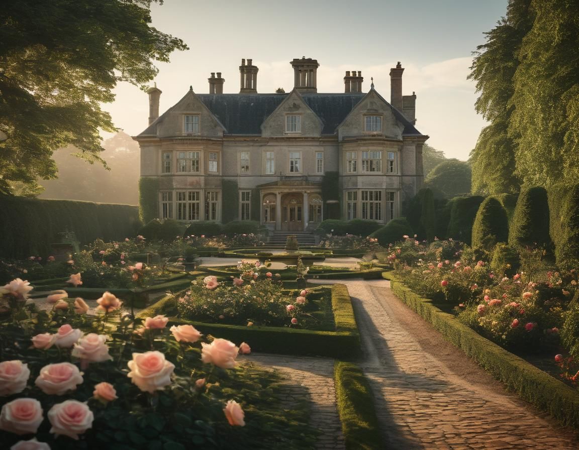 English Manor House in Rose Garden at Dawn