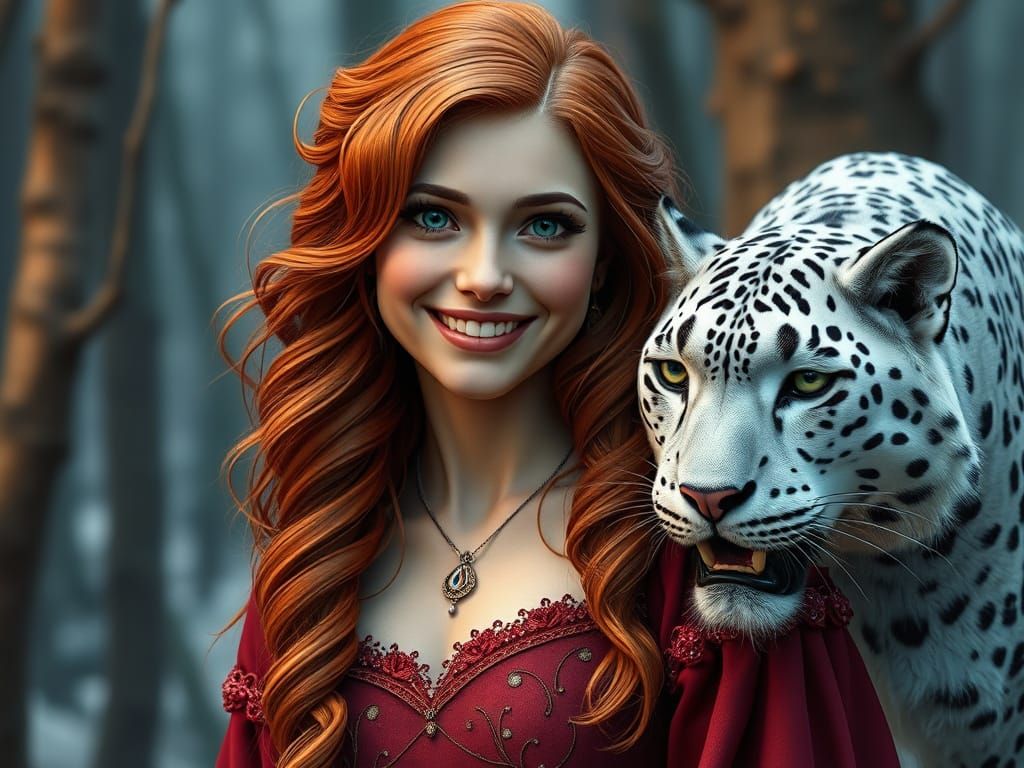 Medieval Princess Surrounded by Snow Leopard in Vibrant Fore...