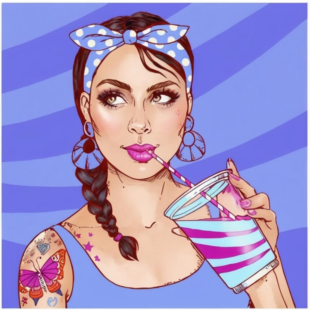 Watercolor Painting of Young Woman Sipping Drink