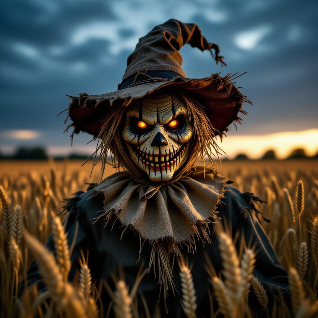 Evil Scarecrow in Dark Wheat Field, Gothic Grunge Sky