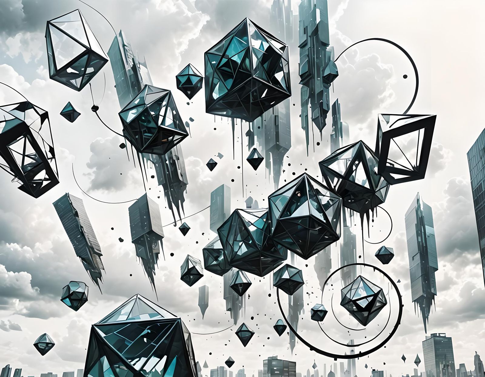 Cyberpunk Cityscape with Falling Geometric Shapes