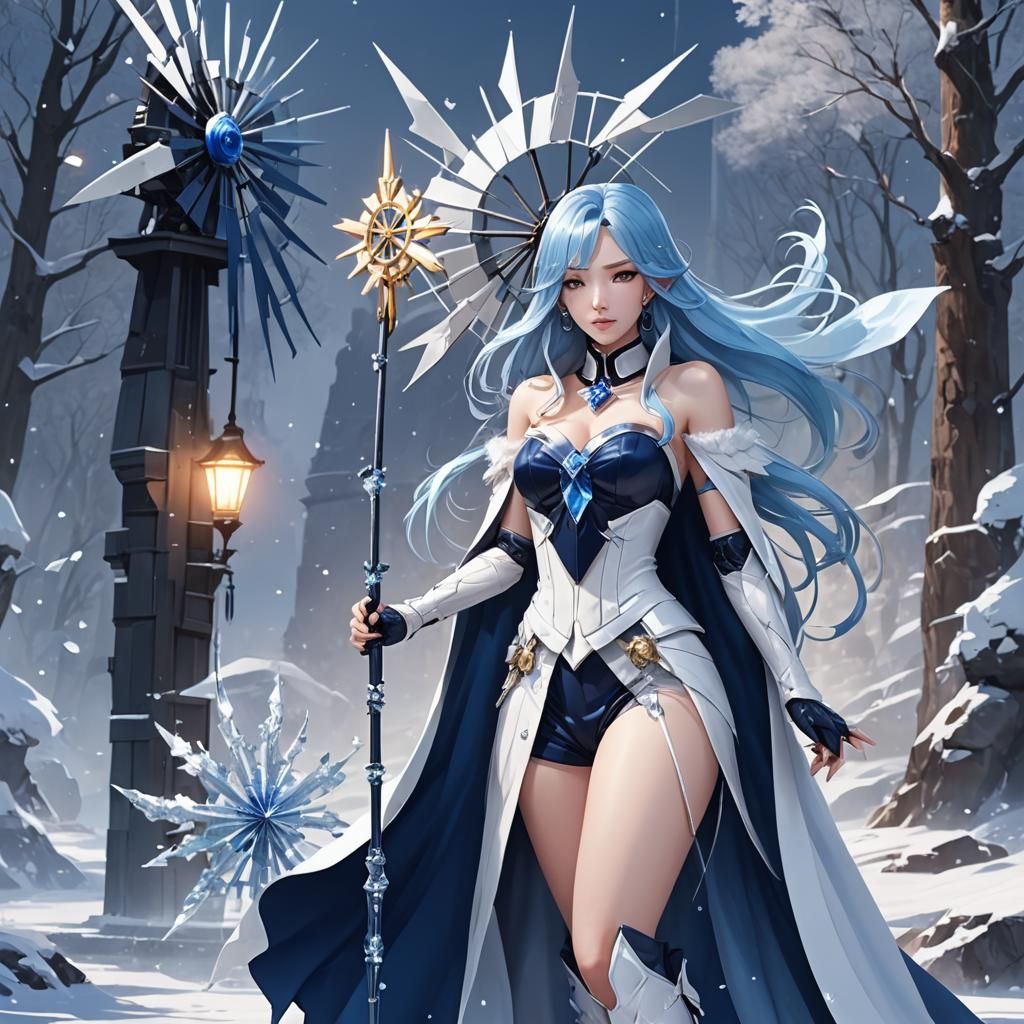 Anime Style Maiden in Ice Kingdom with Crystal Wand