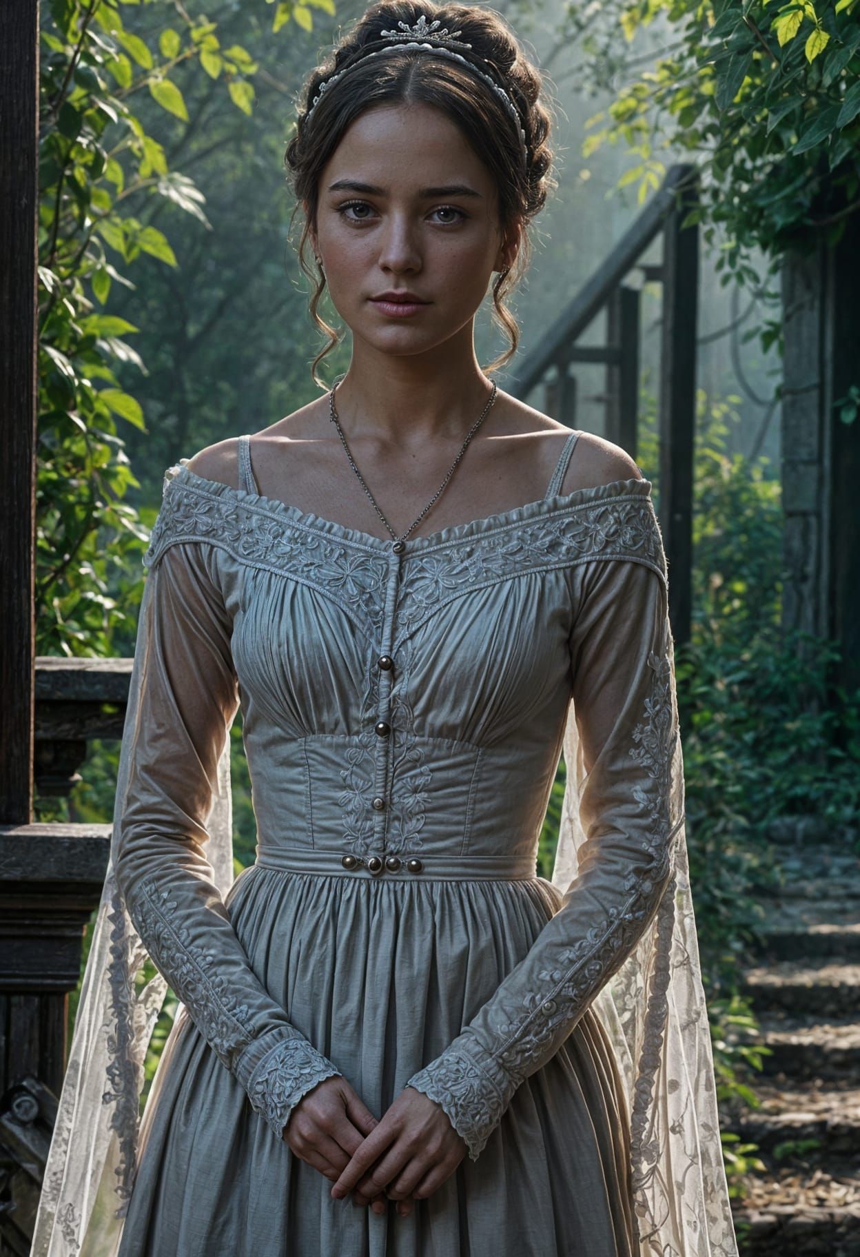 Victorian Lady Mina Murray in a Humble Garden Setting