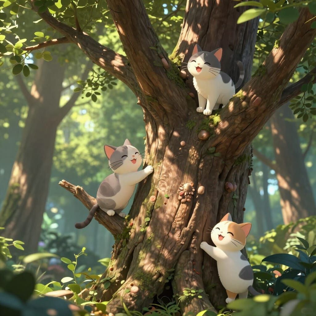 Three Happy Cats Ascend Ancient Forest Tree