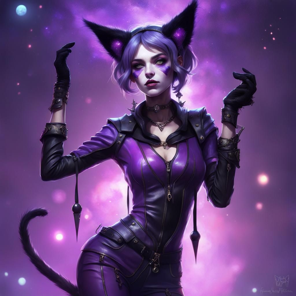 Jester with Cat Features in a Glowing Galaxy