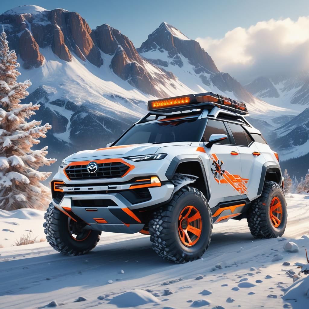 Futuristic SUV Concept Art in Snowy Mountains