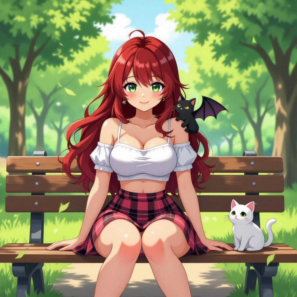 Anime Woman with Bat in Summer Park, Cel-Shaded Style