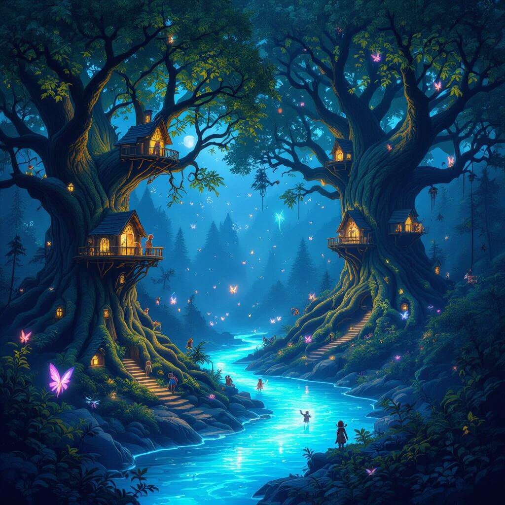 Vibrant Mythical Forest at Night with Elves and Fairies