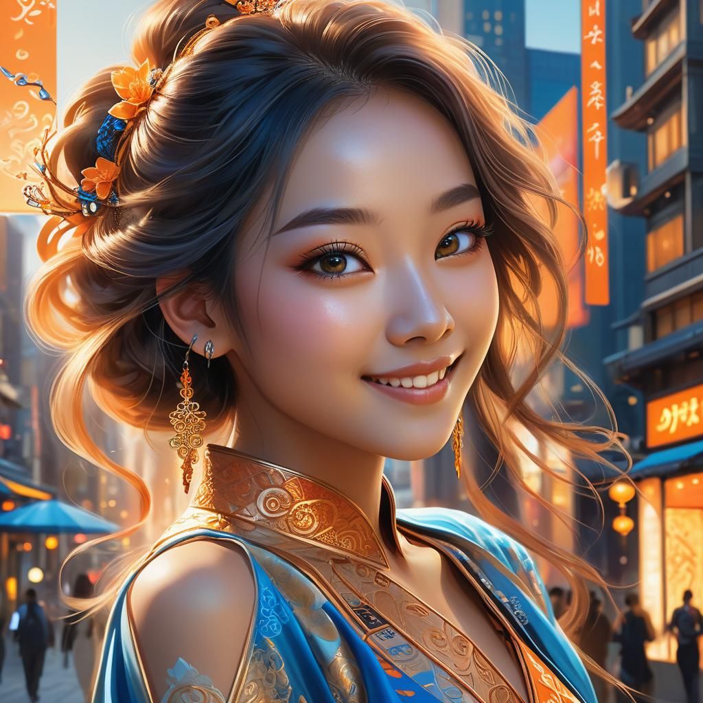 Oriental Beauty Smiles in Fantasy City Concept Art