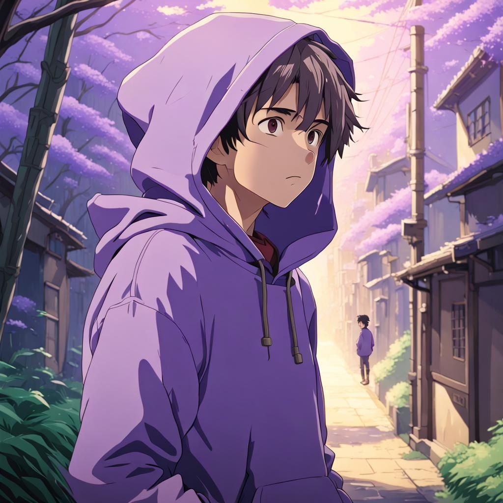 Anime Man in Purple Hoodie, Ghibli Style