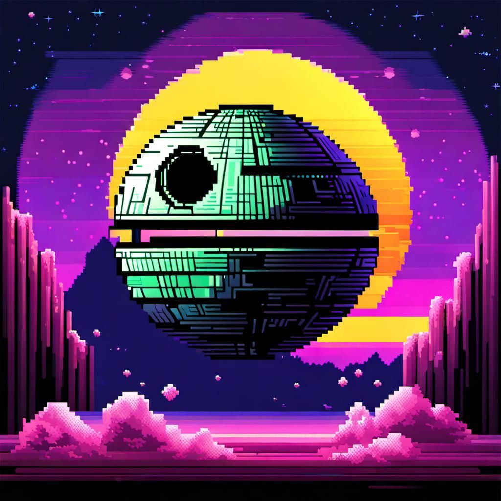 Death Star in Nebula Space: Retro Pixel Art