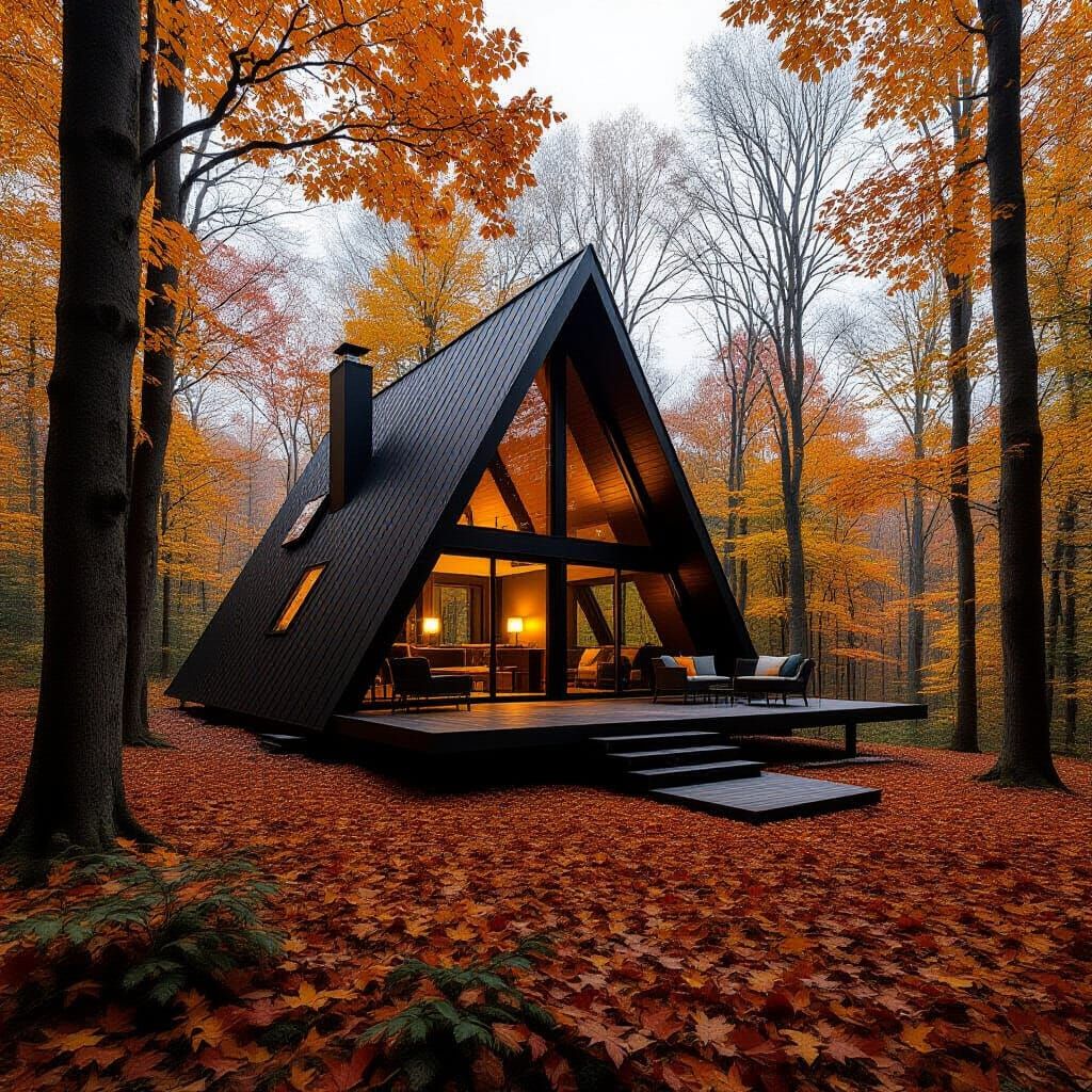 Modern Black A-Frame Cabin in Autumn Forest