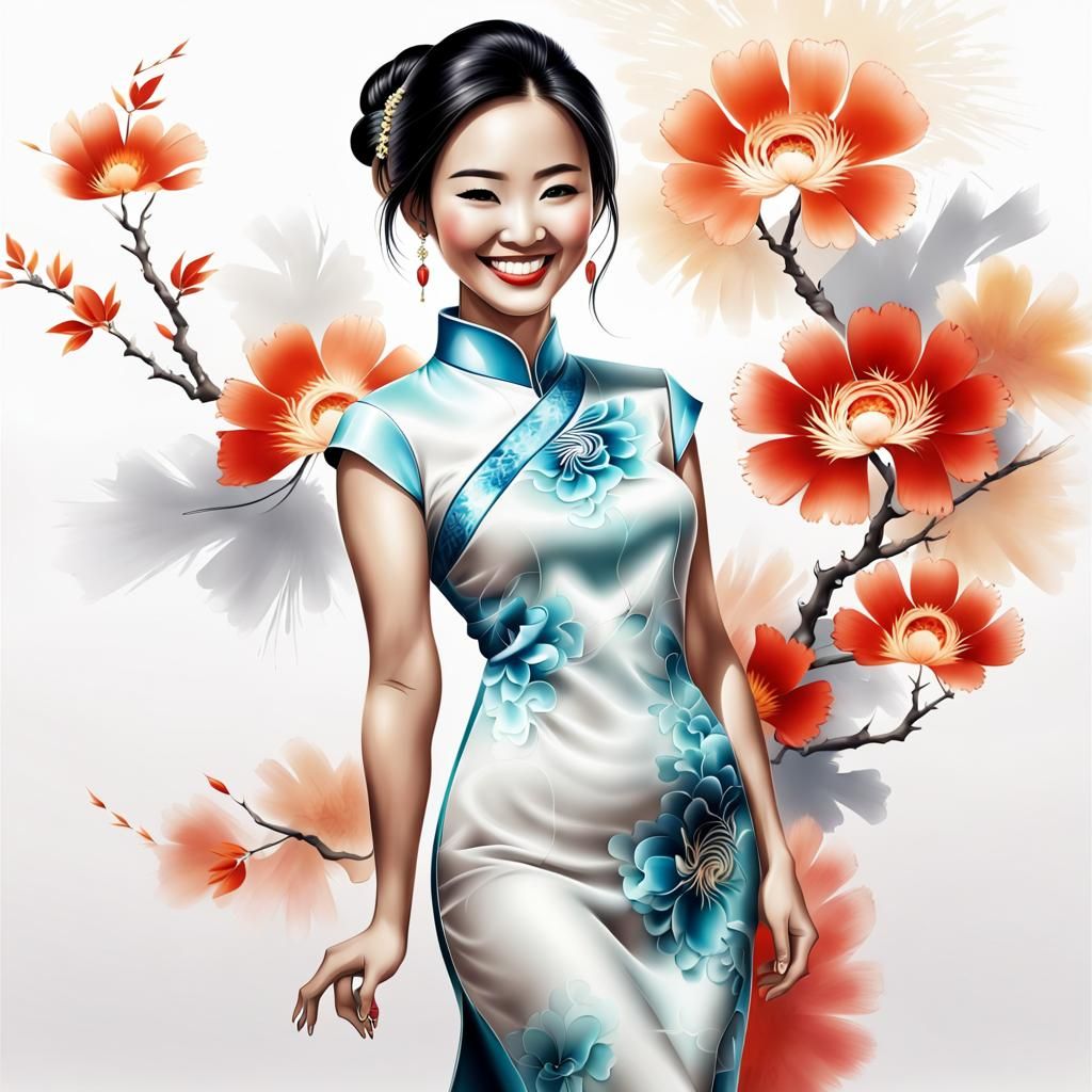 Airbrush Illustration: Beautiful Chinese Woman in Qipao