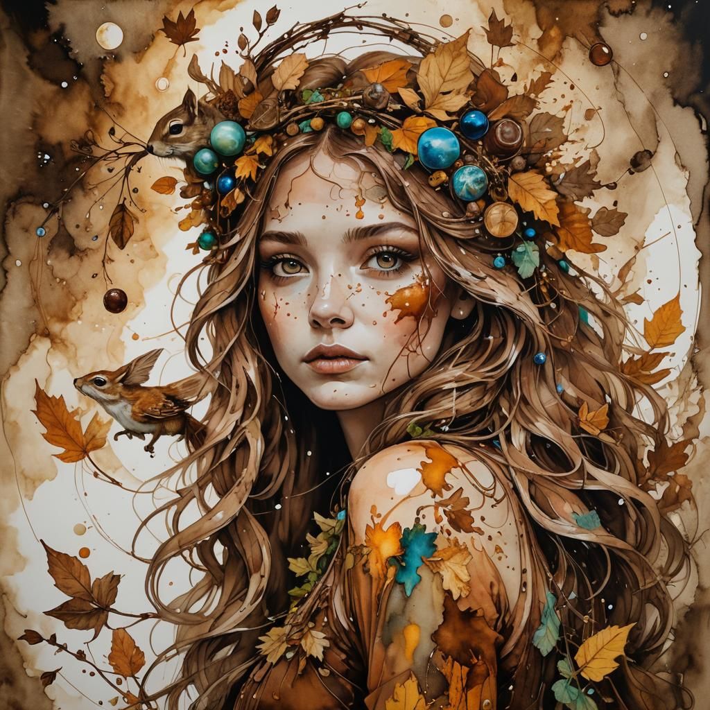 Fantasy Woman with Squirrel in Alcohol Ink Style