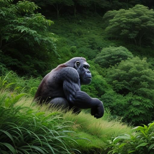 Silverback Gorilla Resting on Lush Hillside