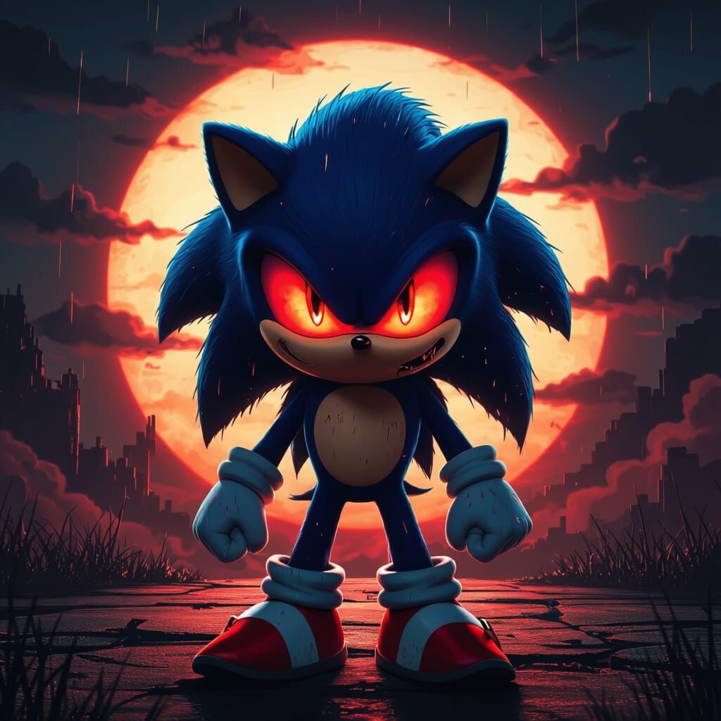 Eerie Sonic.EXE with Glowing Eyes in Dark Futuristic Style