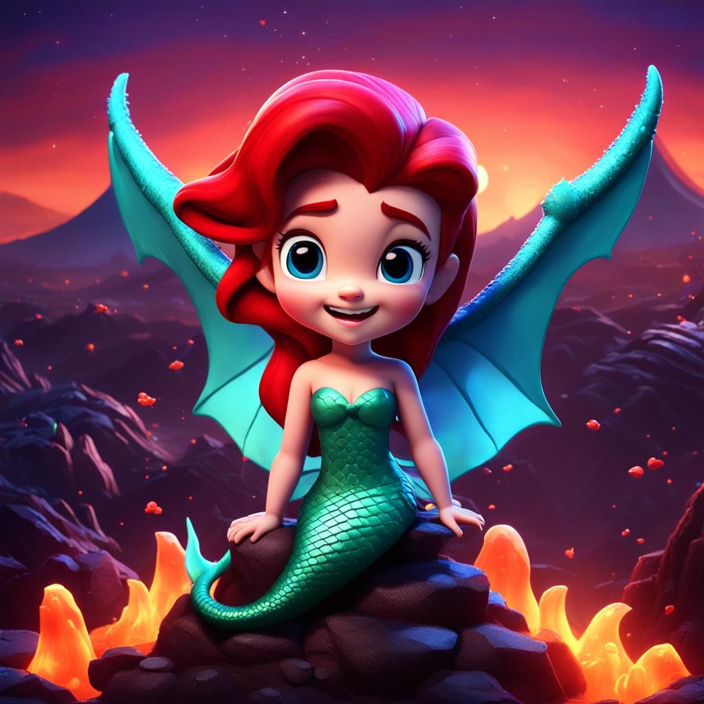 Chibi Ariel as Demon in Volcanic Scene