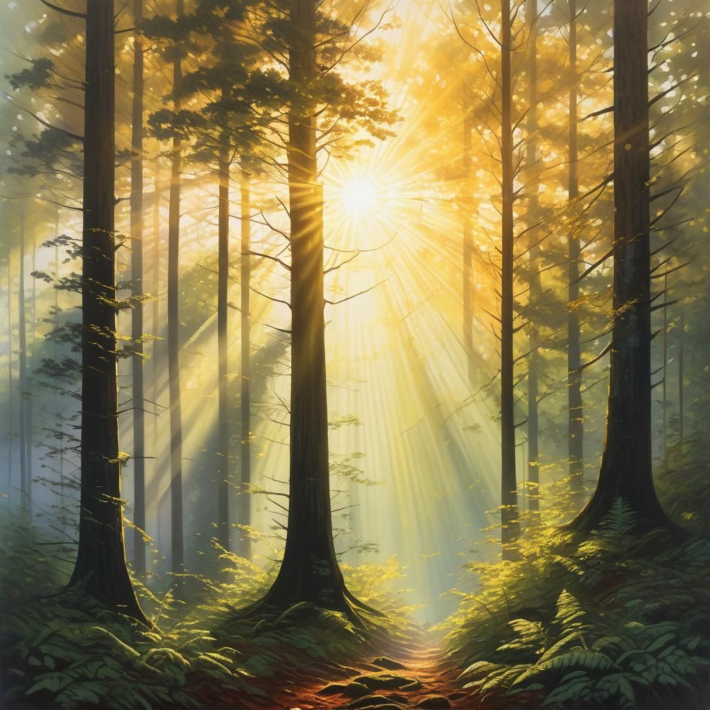 Golden Hour Sunlight Through Forest Trees