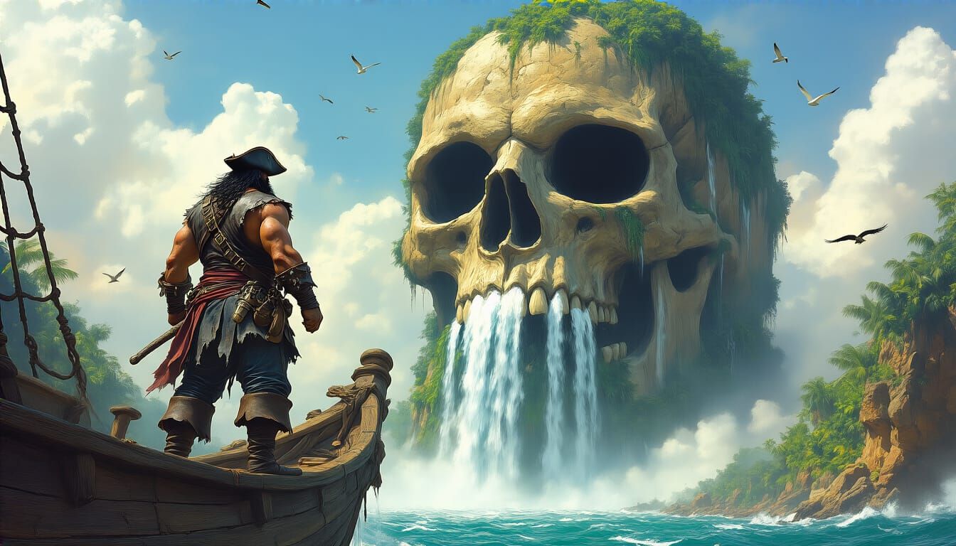 Pirate Approaches Skull Island in Fantasy Art Style