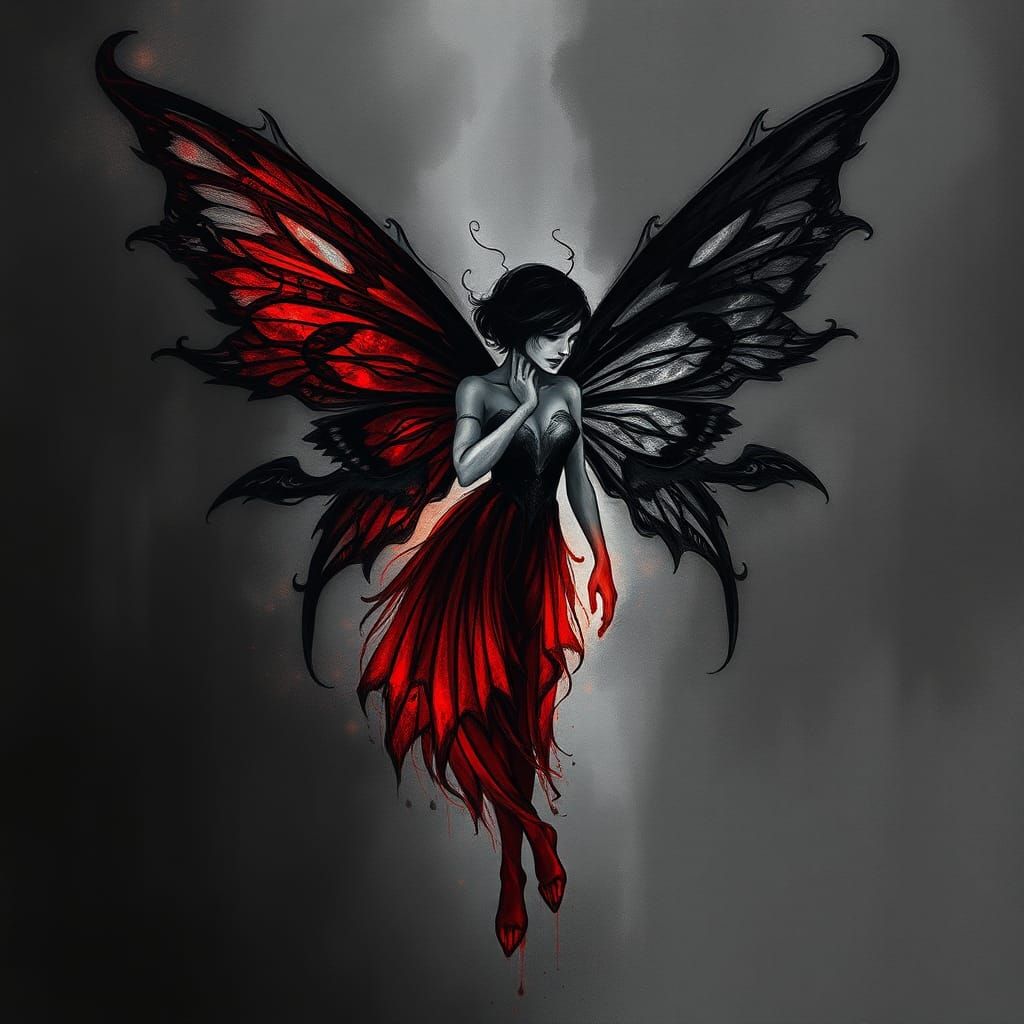 Ethereal Fairy in Black Ink with Crimson Wings