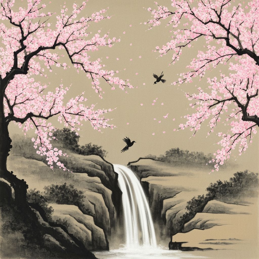 Delicate Cherry Blossoms and Birds in Charcoal Style