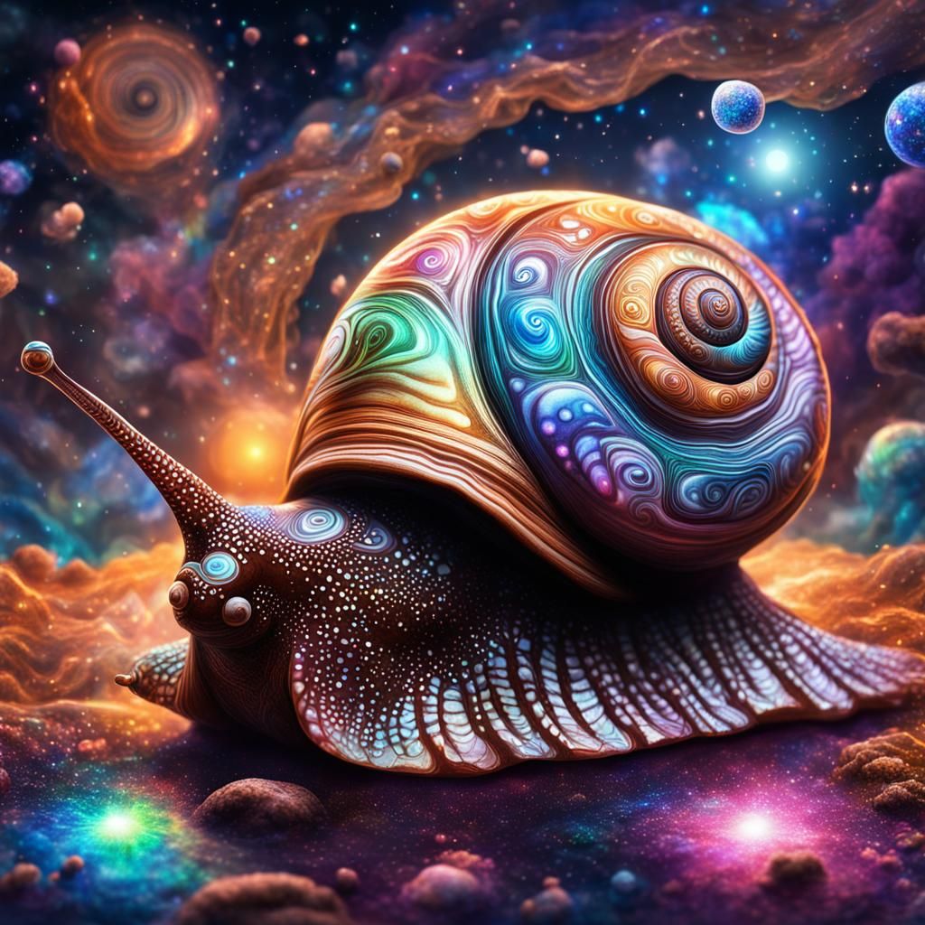 Chocolate Snail: Holographic Cosmic Mixed Media Illustration