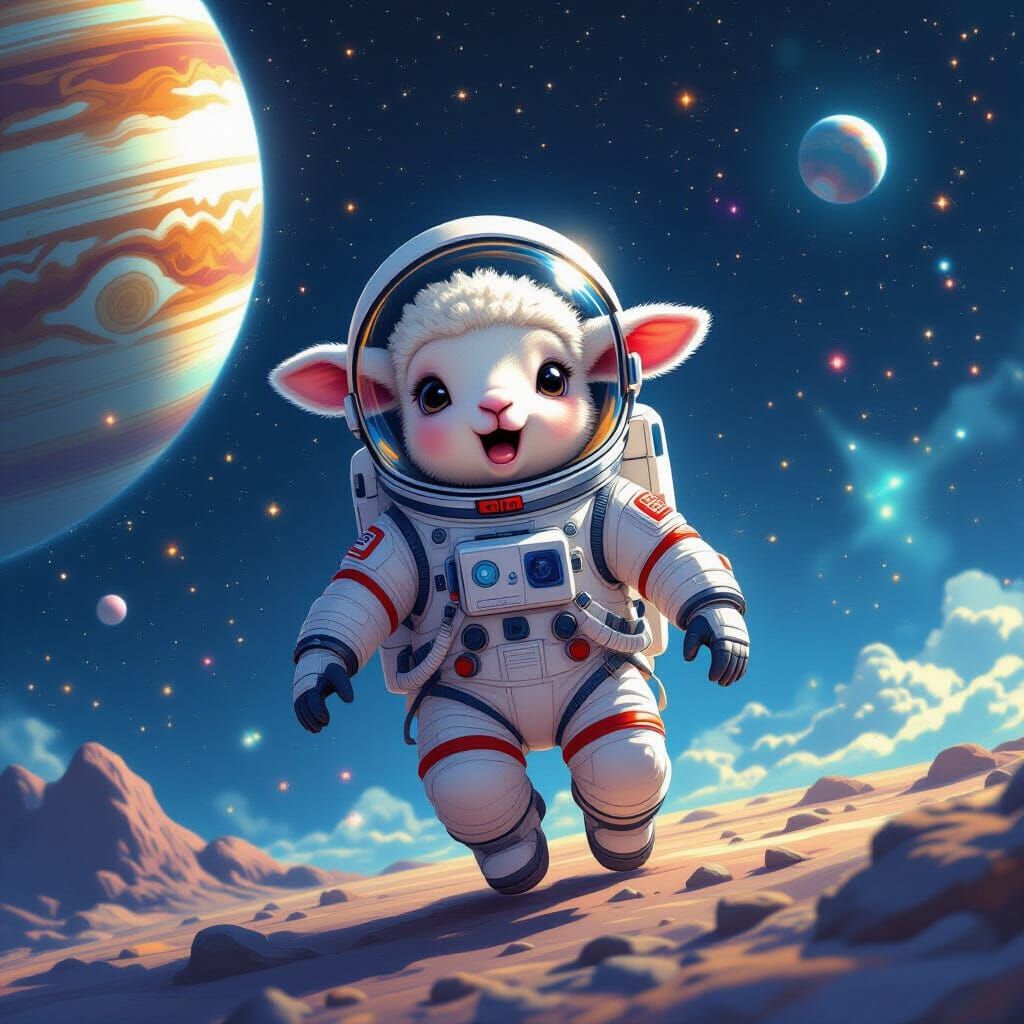 Lamb Astronaut in Space: Sci-Fi Whimsical Art
