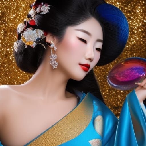 Geisha in Golden Bubbles: Hyperrealistic Spanish Art