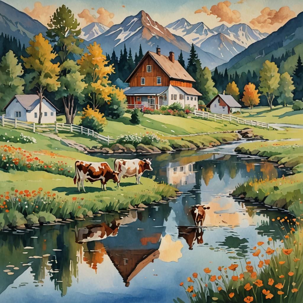 Riverside Cottages: Impressionist Gouache Watercolor Paintin...