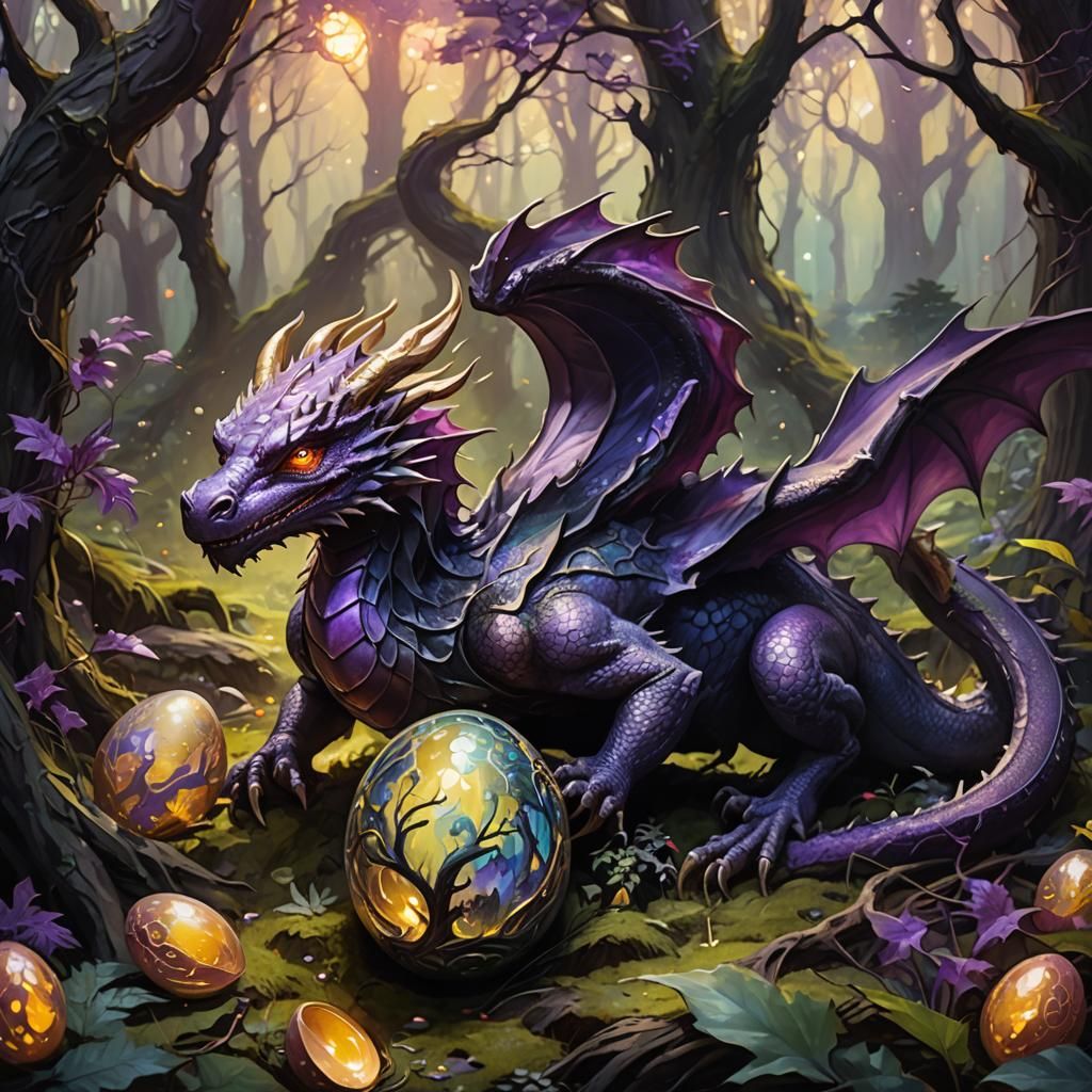 Dragon Laying Egg in Mystical Forest: Art Nouveau Style