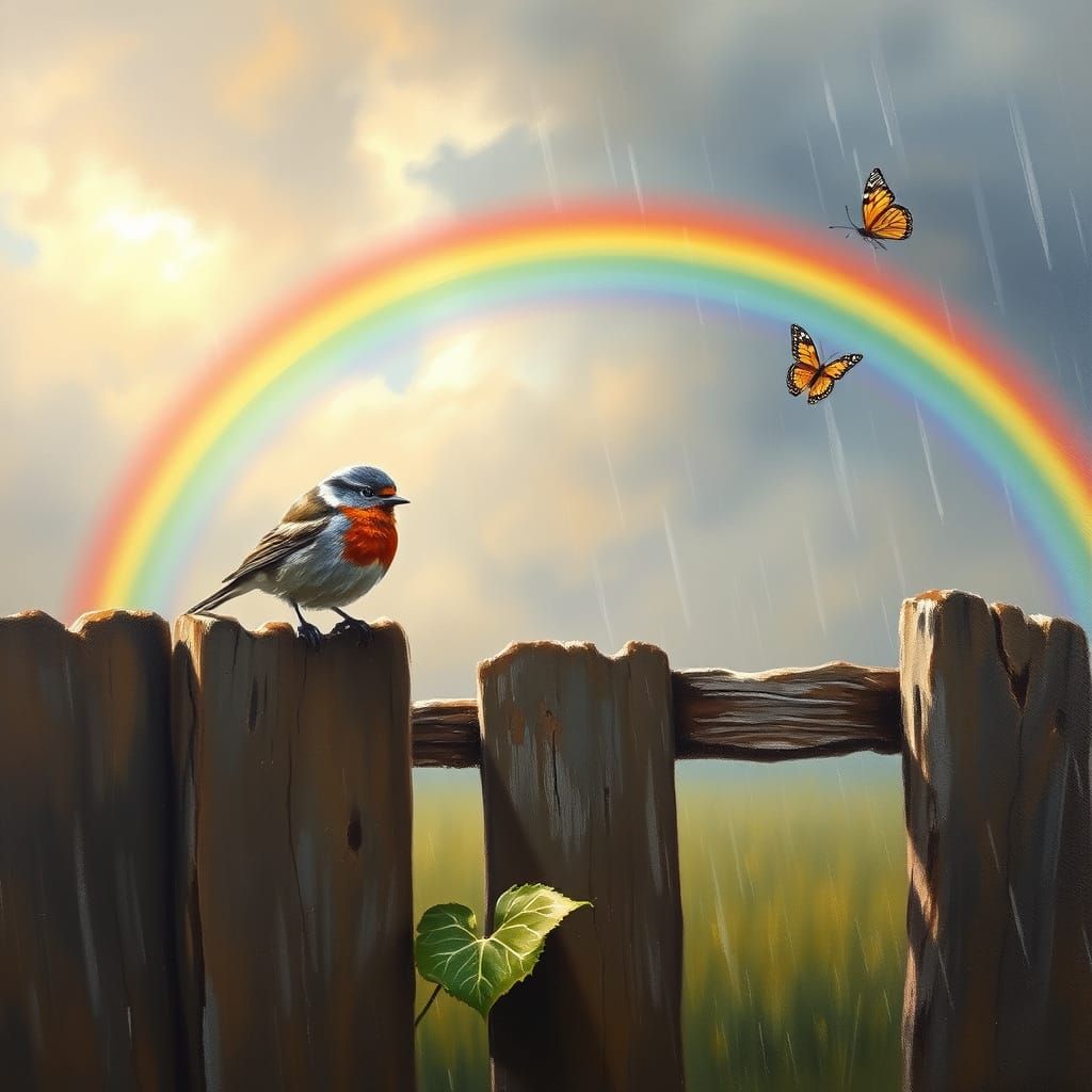 Impressionist Oil Painting: Robin on Fence with Rainbow