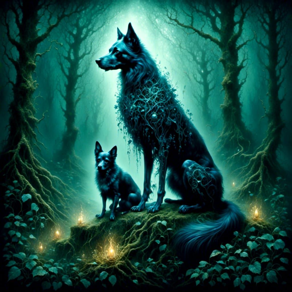 Spectral Dog in Dark Forest: Eerie Digital Art