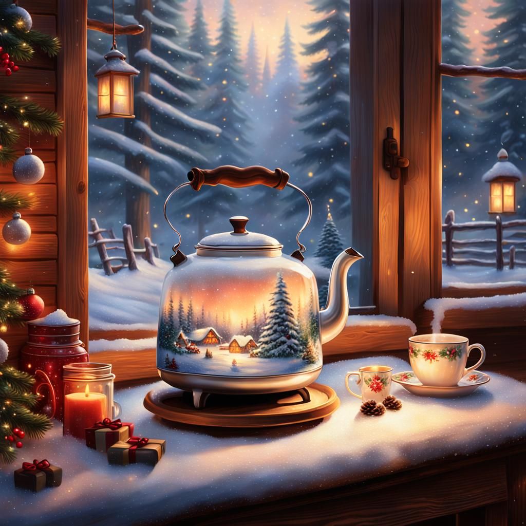 Serene Christmas Tea Kettle Still Life in Detailed Style