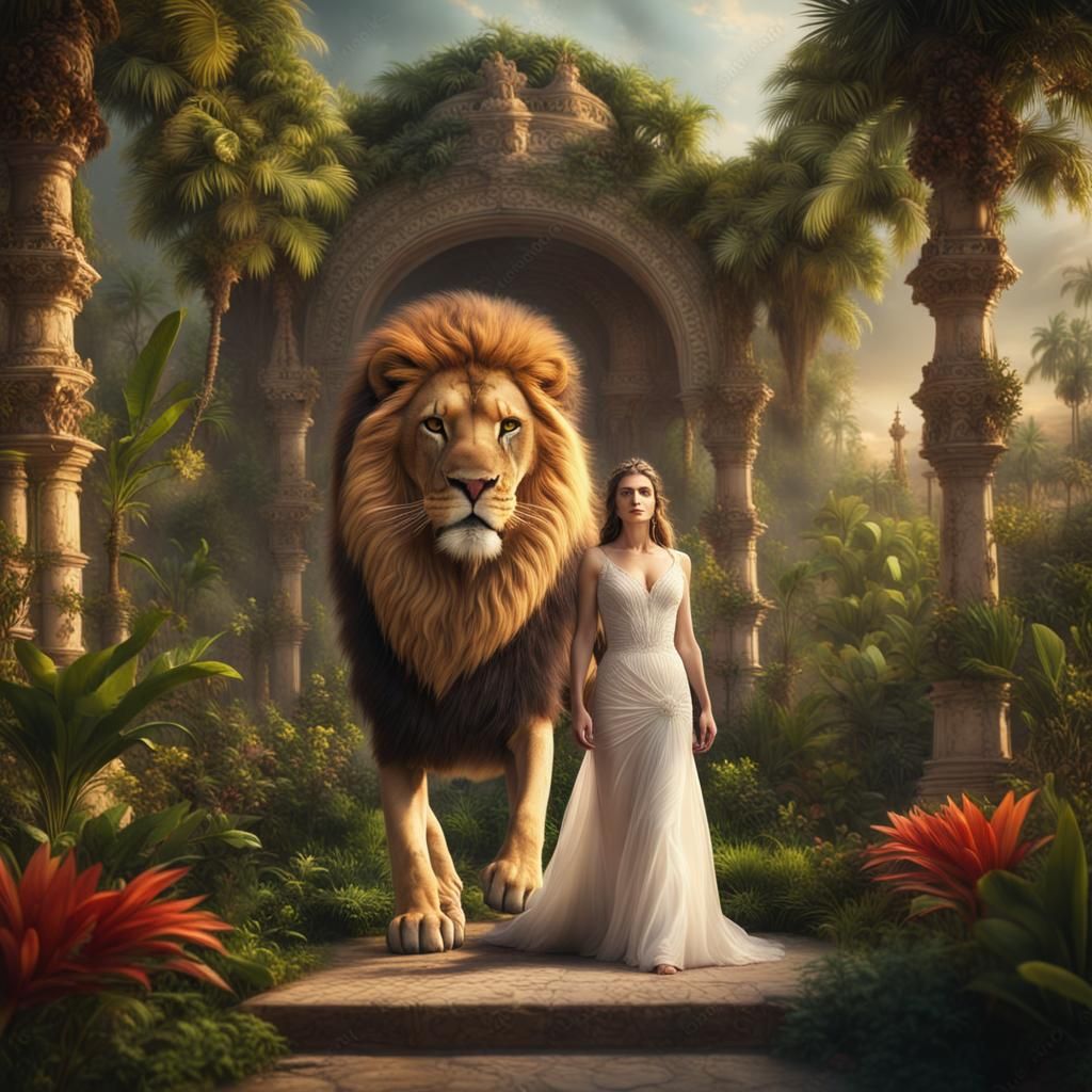 Lion Escorts Bride in Tropical Garden