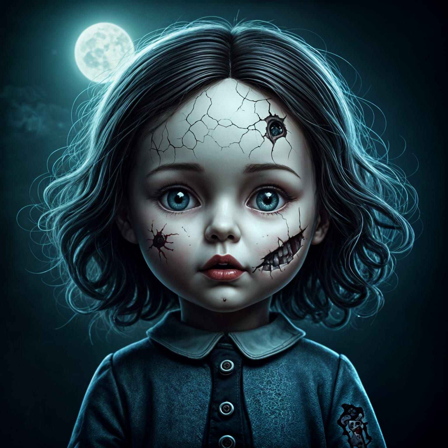 Creepy Porcelain Doll in Tim Burton Style
