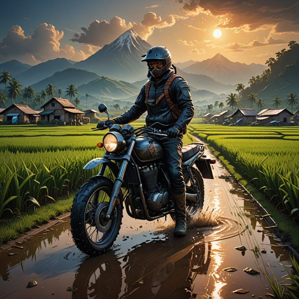 Motorcyclist with Crossed Shovels in Rice Fields