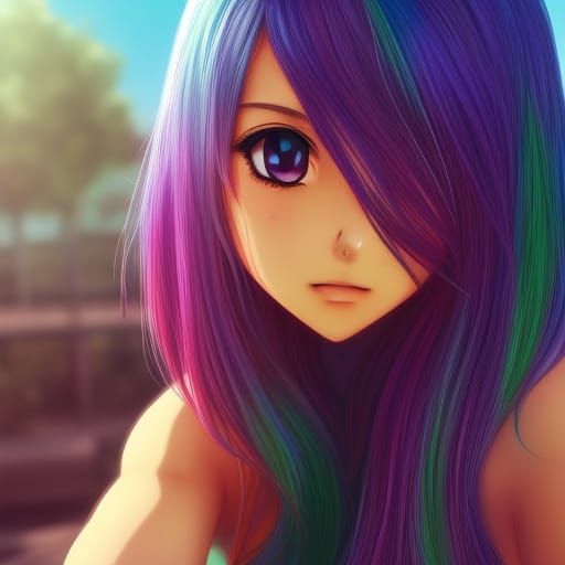 Hyperrealistic Anime Girl with Rainbow Hair