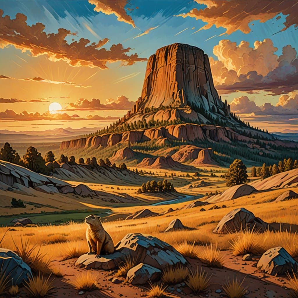 Prairie Dog's Epic View of Devil's Tower in Gouache Style