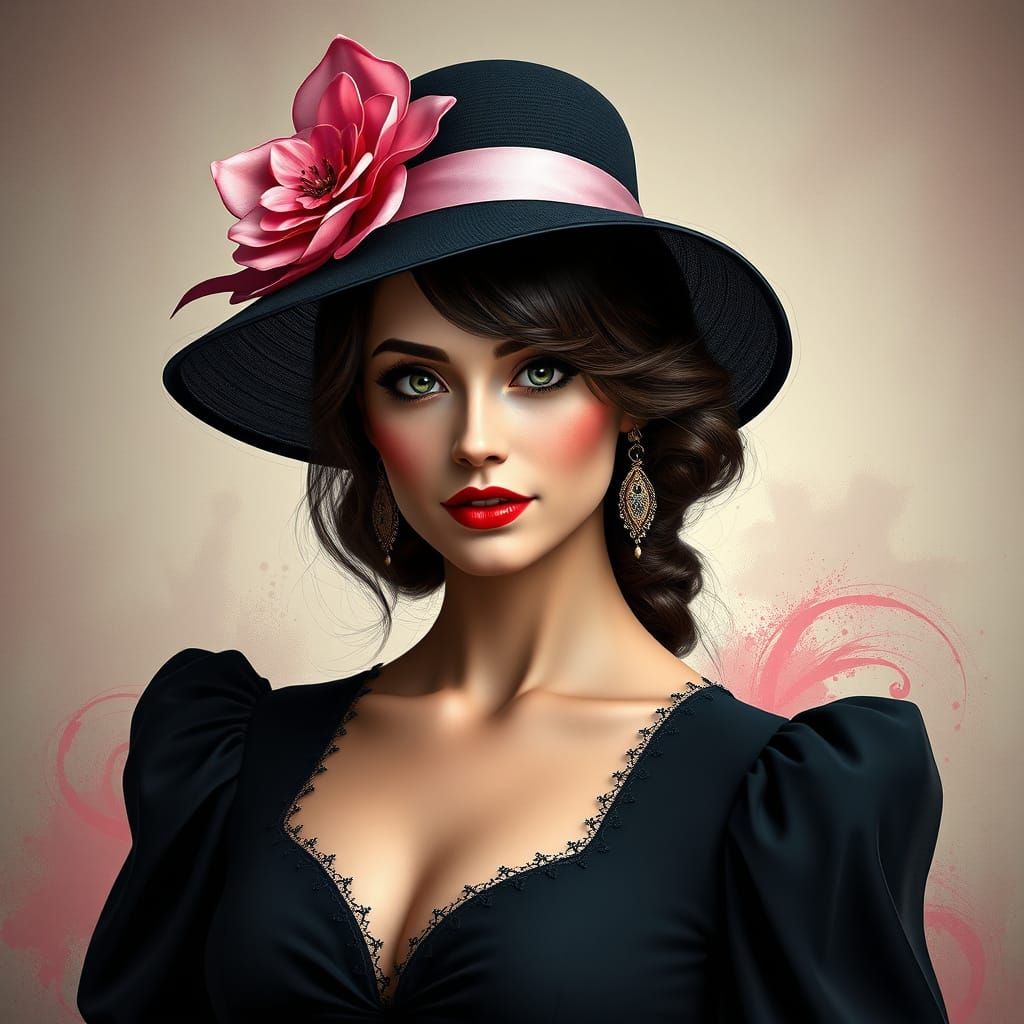 Elegant Lady in Black Hat, Hyperdetailed Portrait