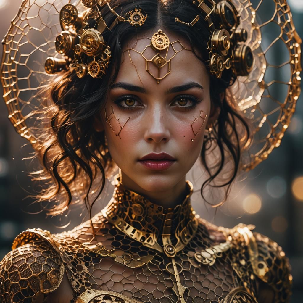 Brunette Cyborg in Gold Dress, Steampunk Portrait