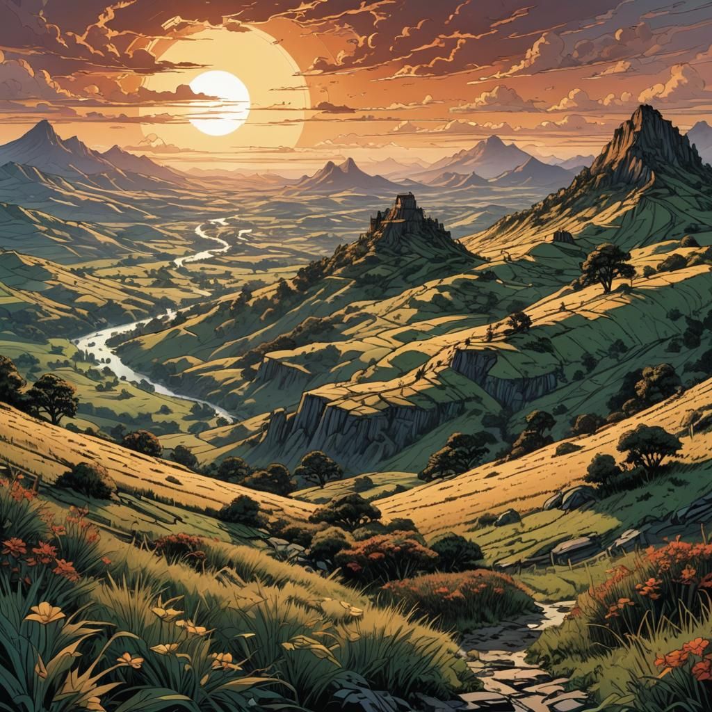 Majestic Sunrise Over Hills in Comic Book Style