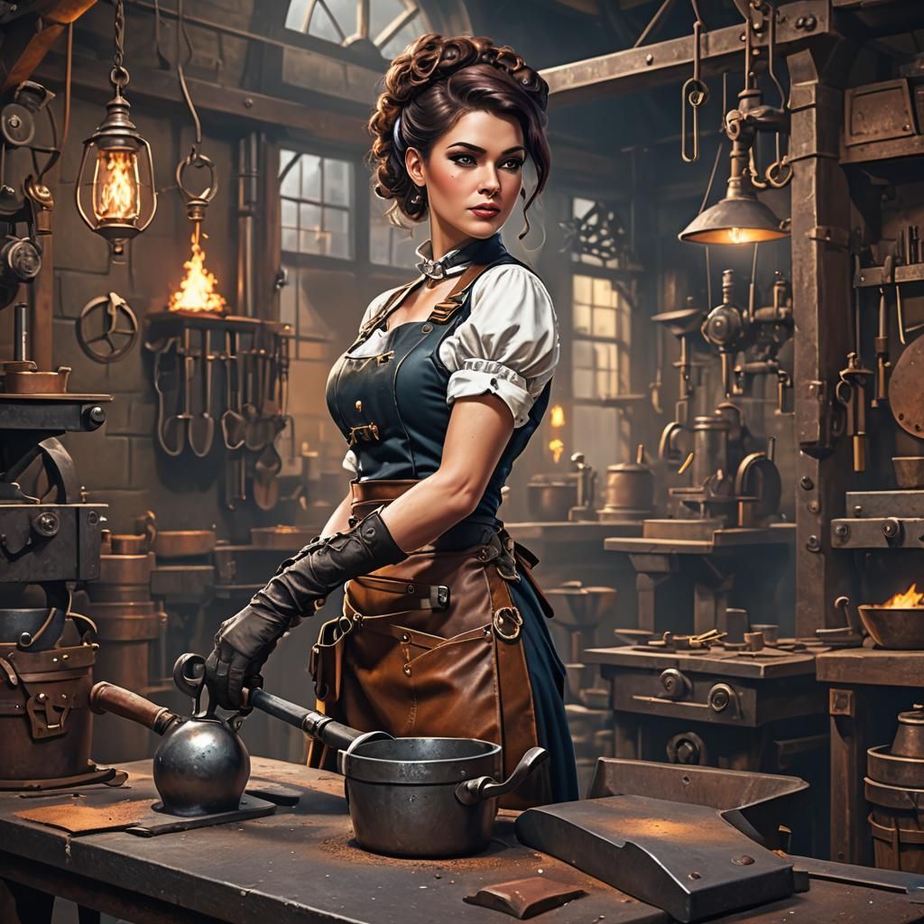 Steampunk Blacksmith Pinup with Anvil in Detailed Matte Pain...