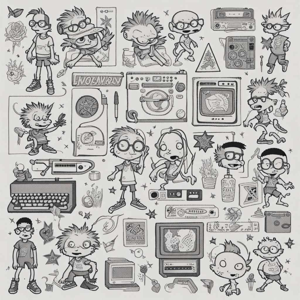 90's Pop Culture Flash Tattoo Sheet in Needlepoint Style