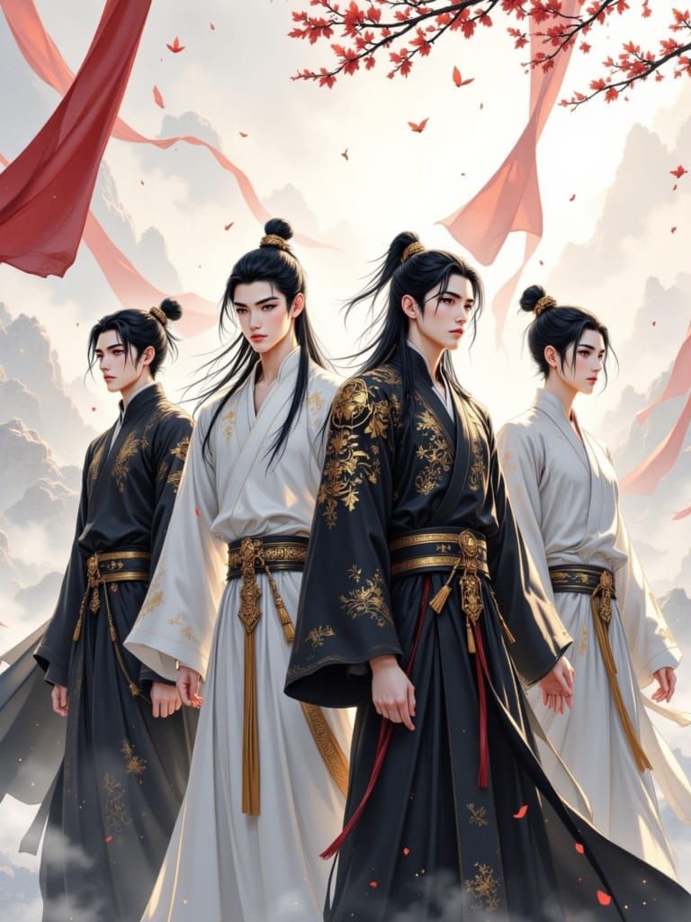 Four Young Men in Traditional Chinese Donghua Style