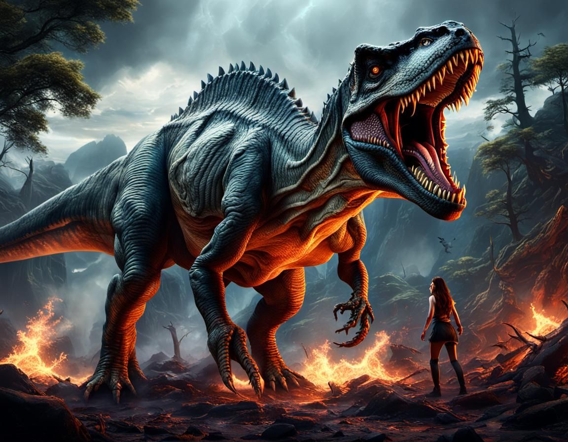 T-Rex Couple Enjoying Hellfire: Detailed Matte Painting