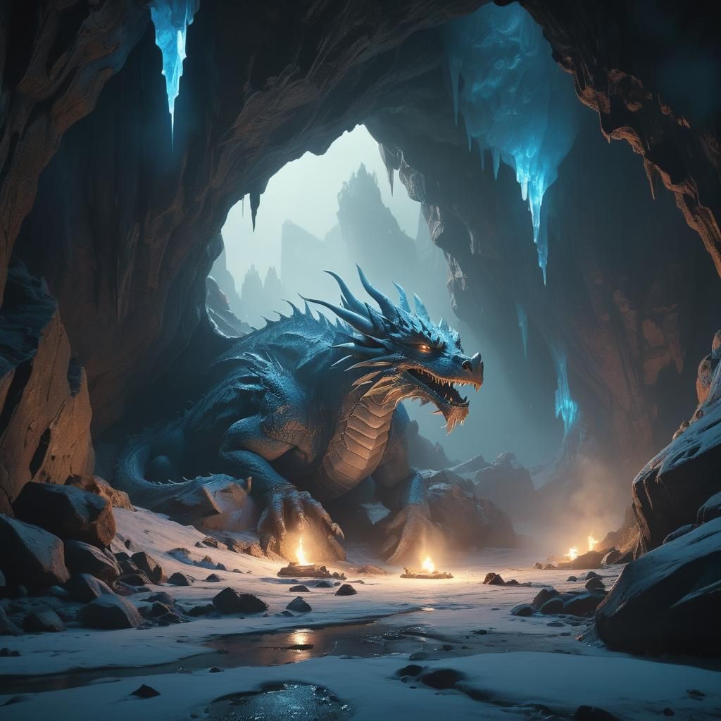 Majestic Dragon Protected by Wizard in Crystal Cave