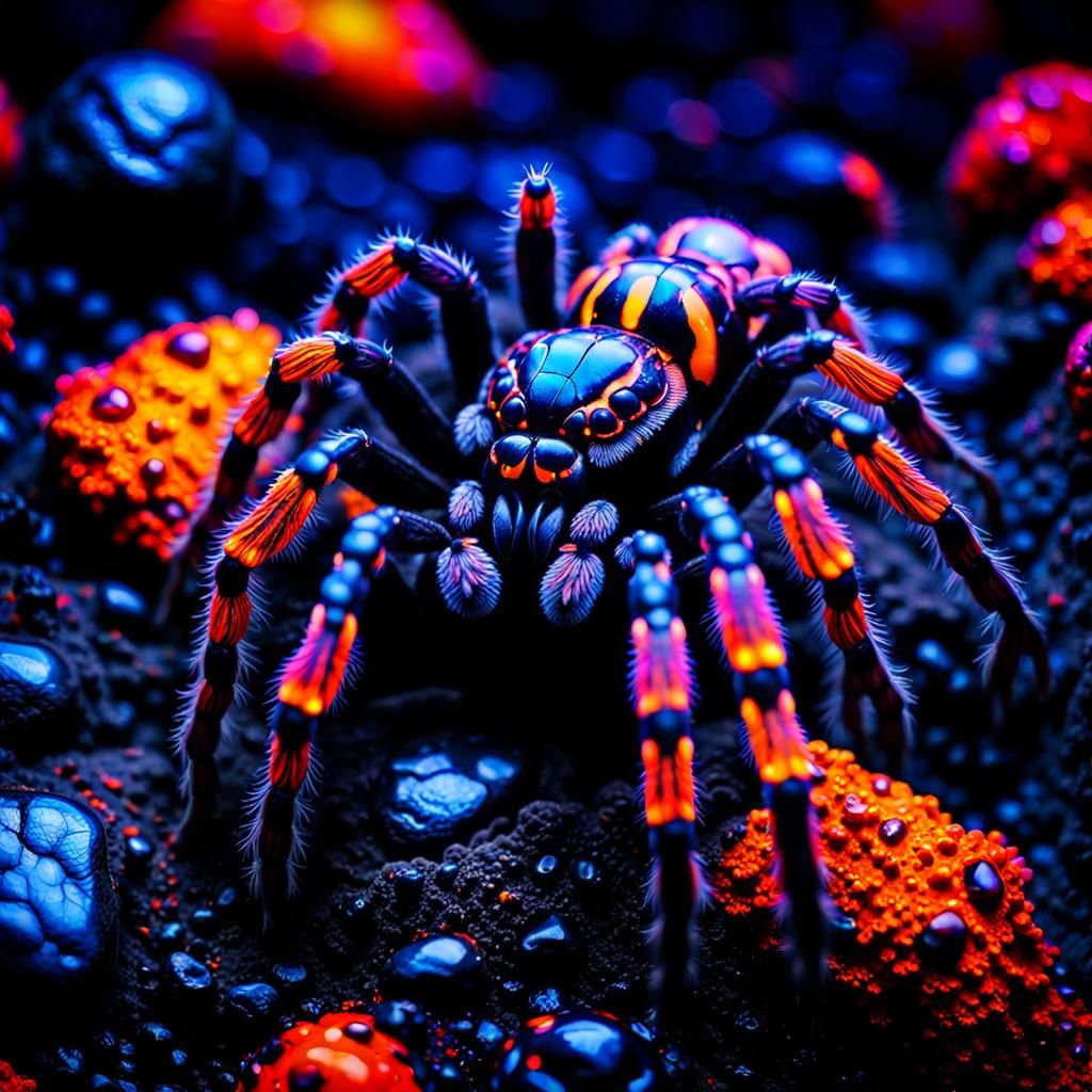 Fluorescent Tarantula on Lava Rock, Detailed Macro Photograp...